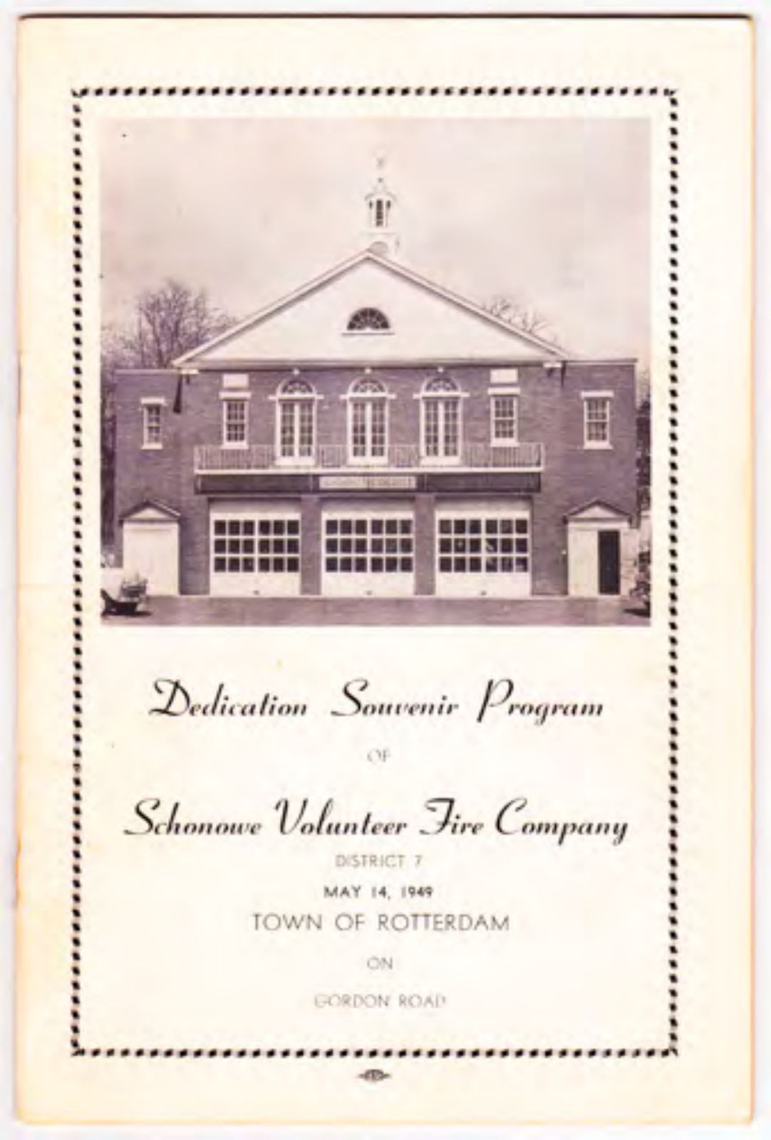 Dedication souvenir program, Schonowe Volunteer Fire Company.