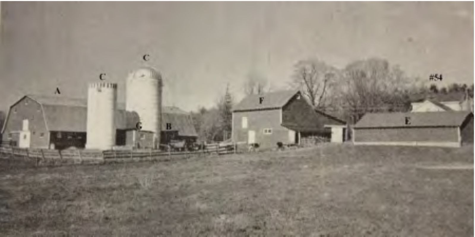 The farm complex from the north, circa 1960 (Bethlehem Chamber of Commerce).